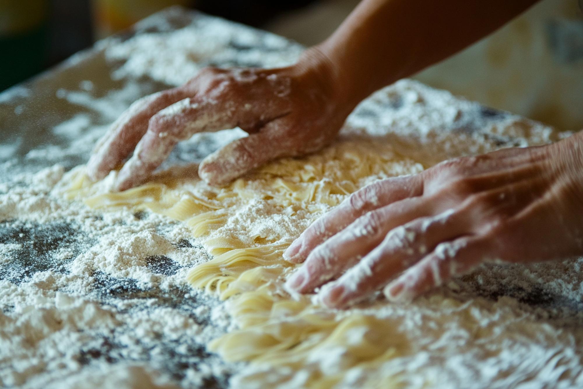 Dettaglio mani che preparano pasta fresca
