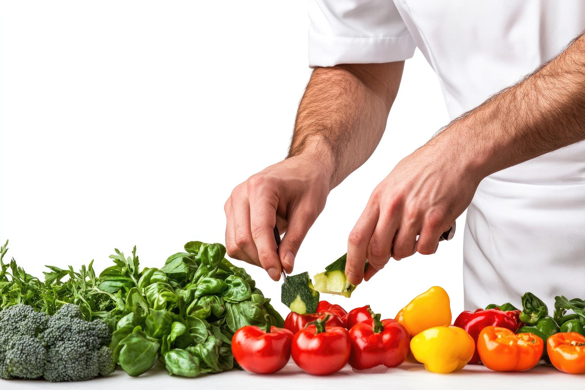 Chef che affetta ingredienti in cucina di laboratorio